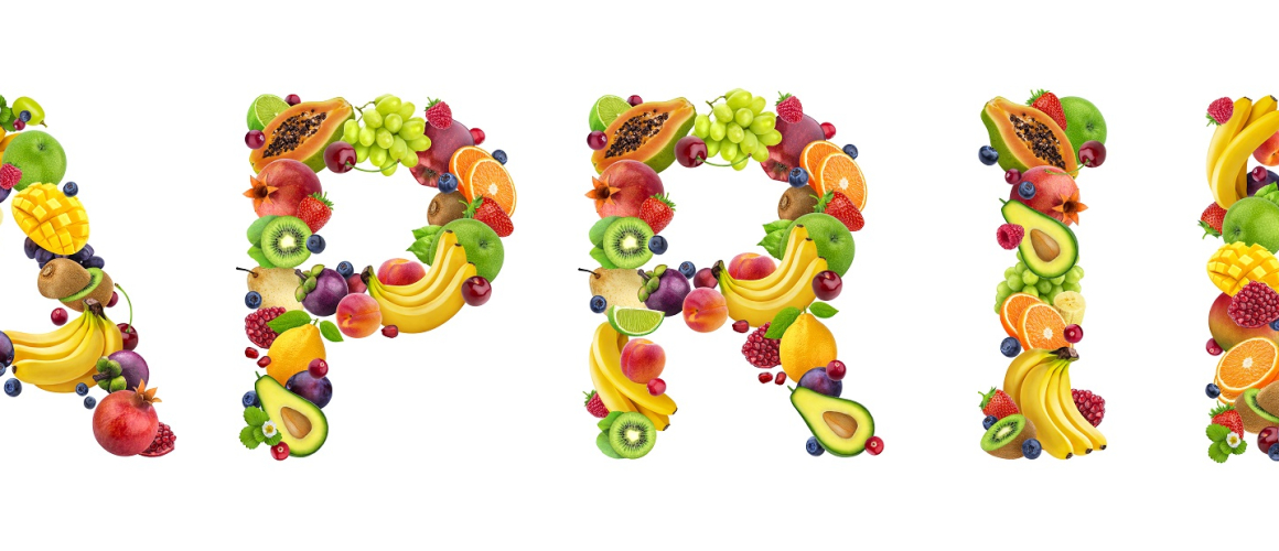Word april made of different fruits and berries, fruit font isolated on white background with clipping path, happy fools day concept